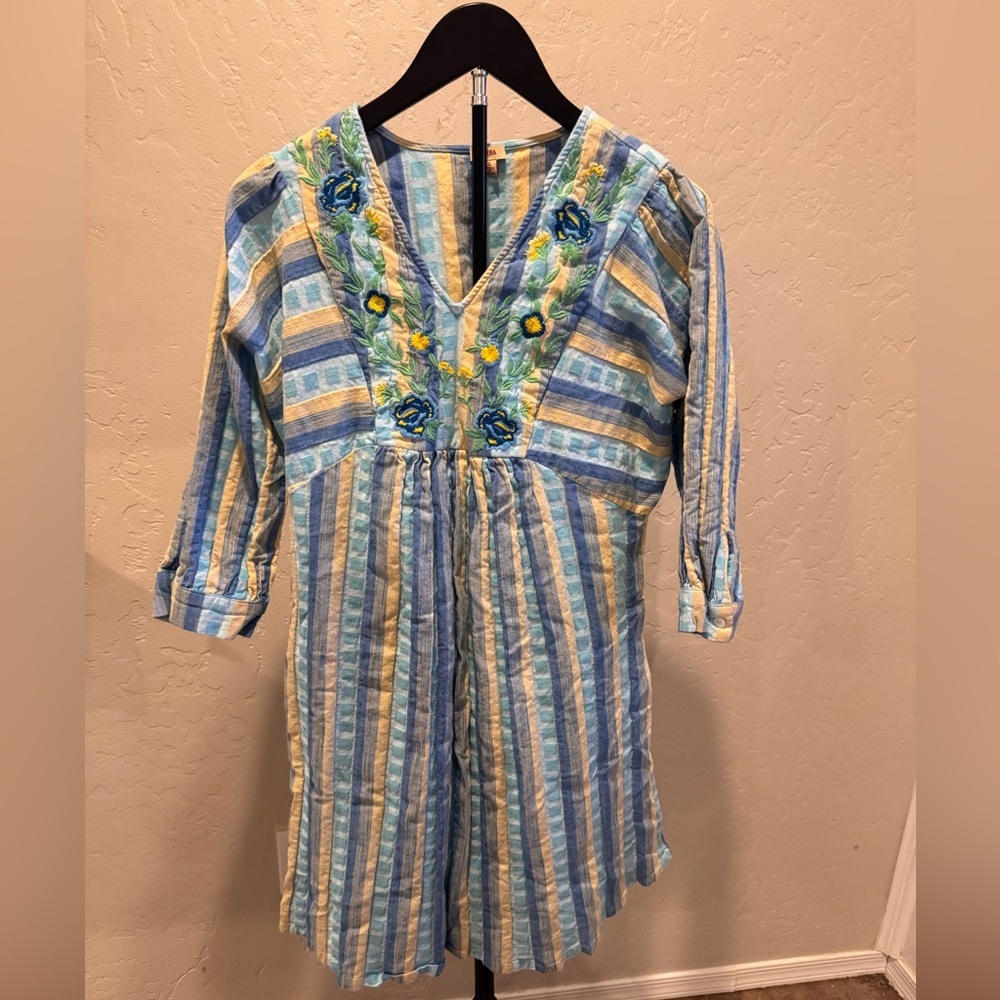 Reba Blue, Yellow & White Striped Floral Embroidered Midi Dress With Pockets